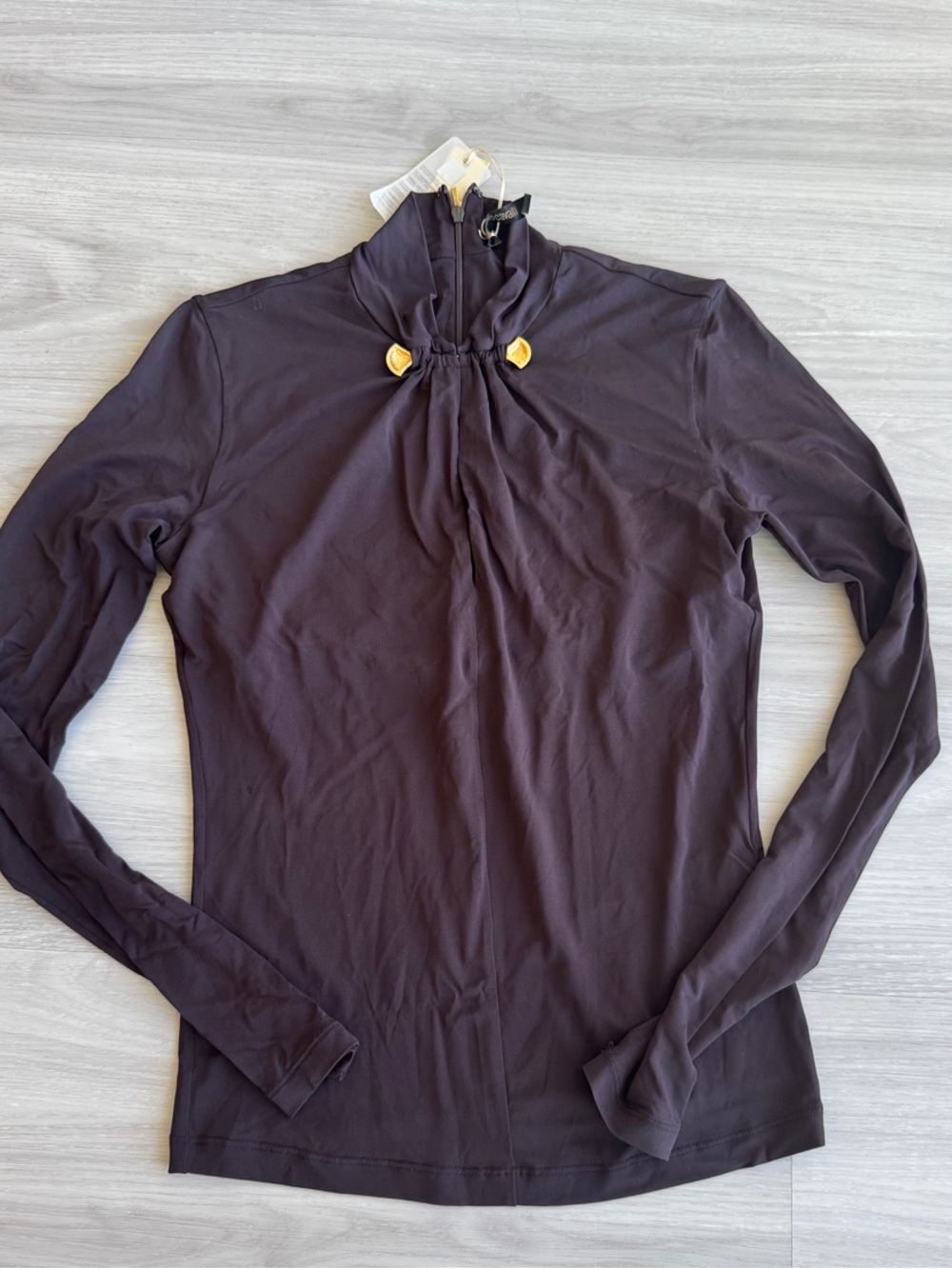 Roberto Cavalli Long-Sleeve Black Mock Neck Top with Decorative Buttons